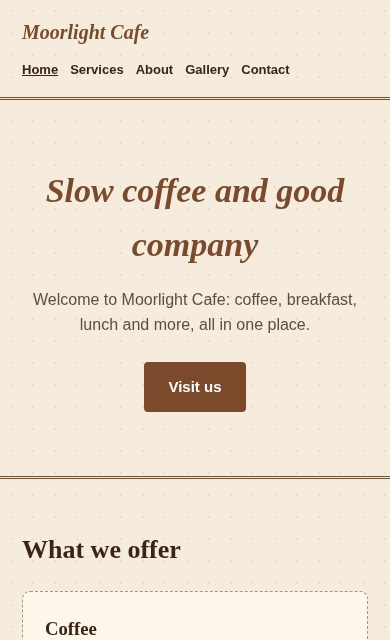 Moorlight Cafe concept website
