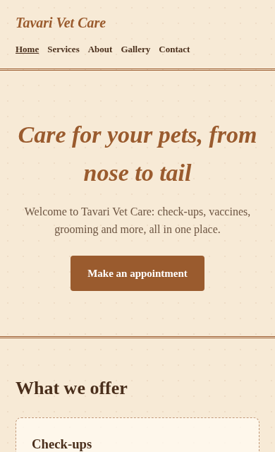 Tavari Vet Care concept website