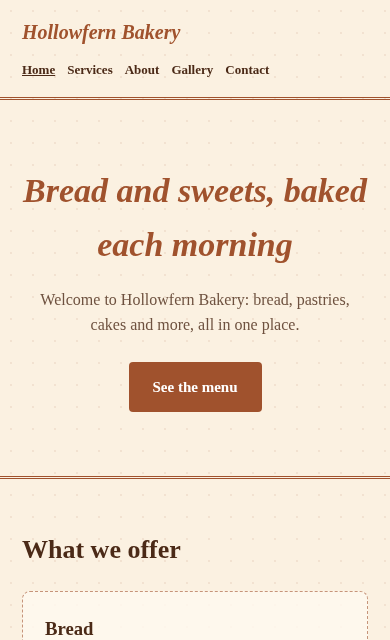 Hollowfern Bakery concept website