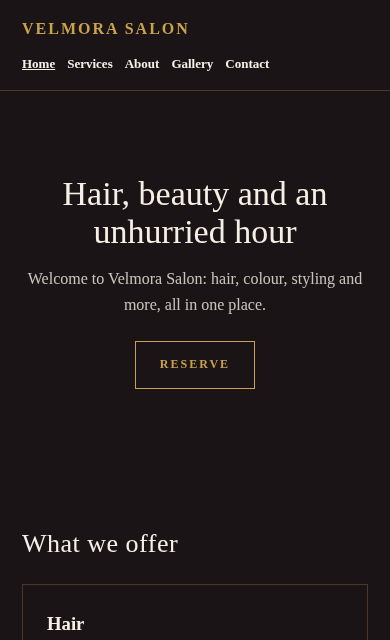 Velmora Salon concept website